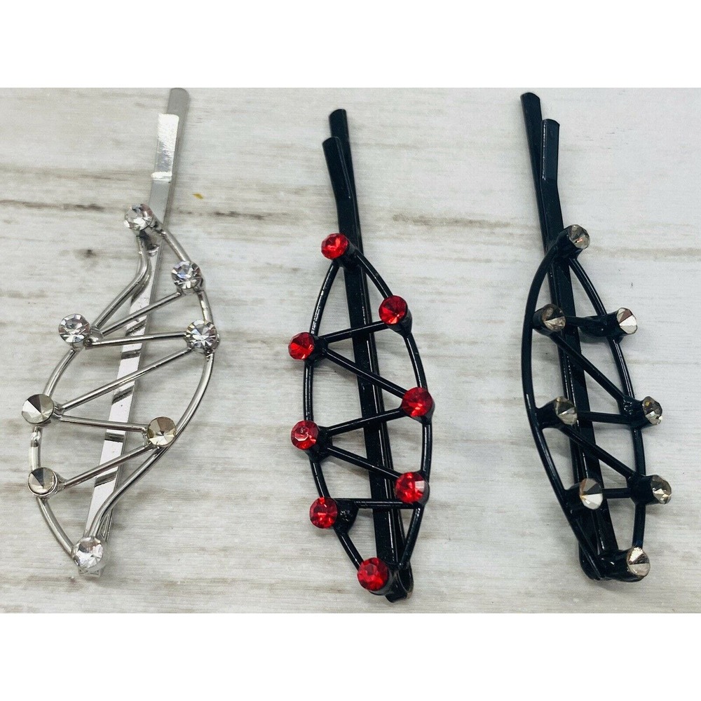 Hair Bobby Pins Clips Rhinestones Crystals Clear Red and Black Silver Set of 3
